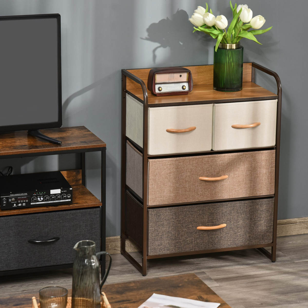 ```html
<h1>HOMCOM Fabric Drawer Dresser Tower with 4 Drawers & MDF Top Shelf</h1>
```