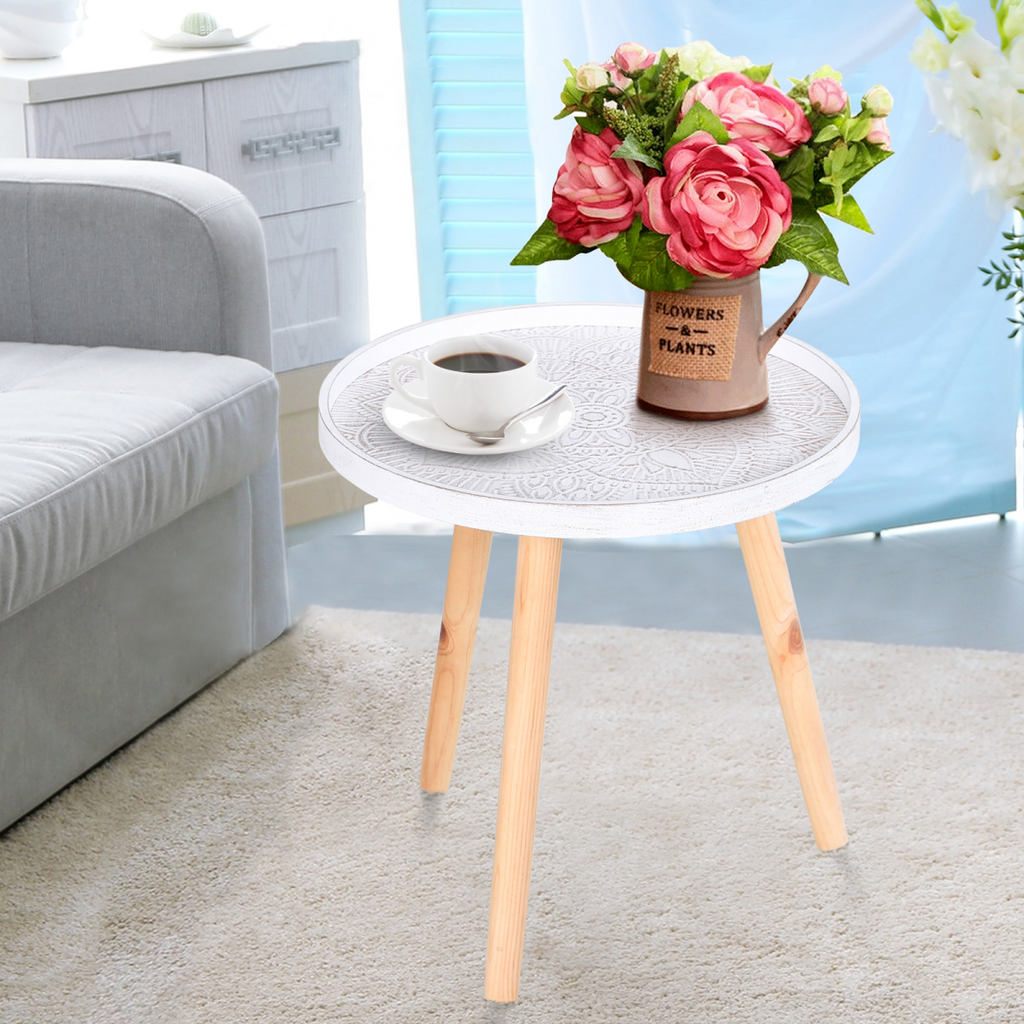 Pine Wood Floral Etched Saucer Side Table w/ Raised Edge, White & Natural
