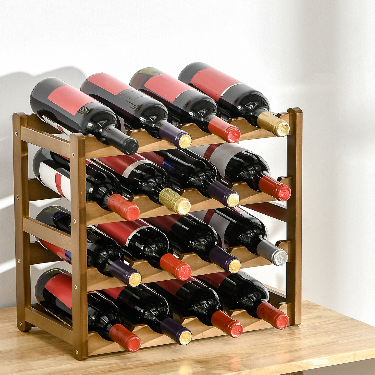 Bamboo Wine Rack 16 Bottles, 4-Tier Countertop Display Storage Shelf HTML