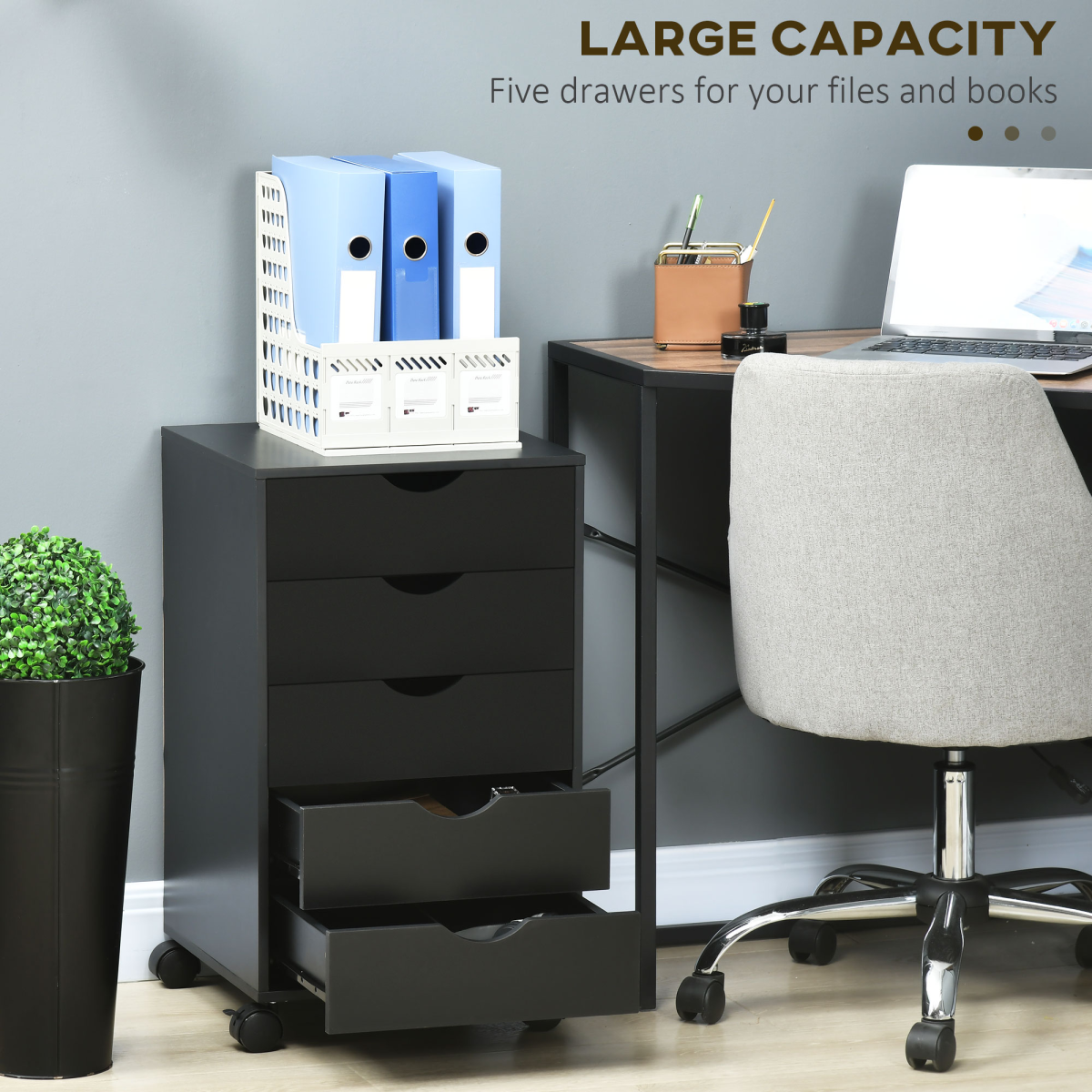 HOMCOM Mobile Vertical Filing Cabinet with 5 Drawers for Home Office, Black