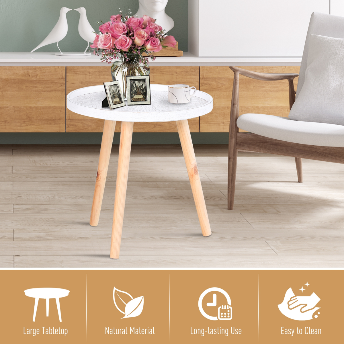 Pine Wood Floral Etched Saucer Side Table w/ Raised Edge, White & Natural