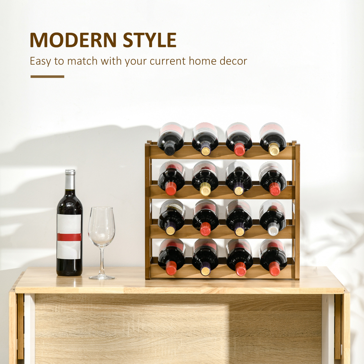 Bamboo Wine Rack 16 Bottles, 4-Tier Countertop Display Storage Shelf HTML