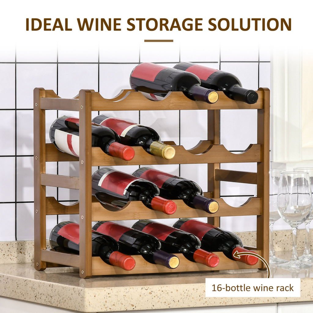 Bamboo Wine Rack 16 Bottles, 4-Tier Countertop Display Storage Shelf HTML
