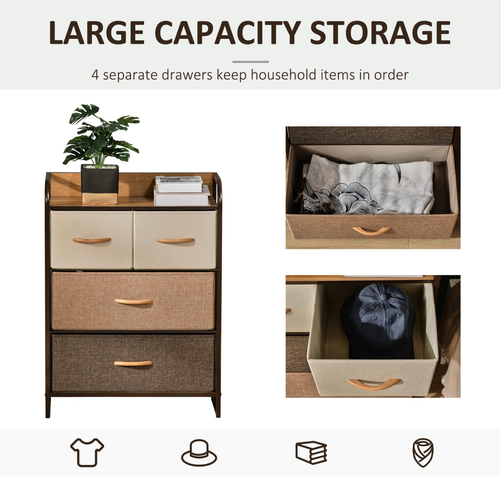 ```html
<h1>HOMCOM Fabric Drawer Dresser Tower with 4 Drawers & MDF Top Shelf</h1>
```