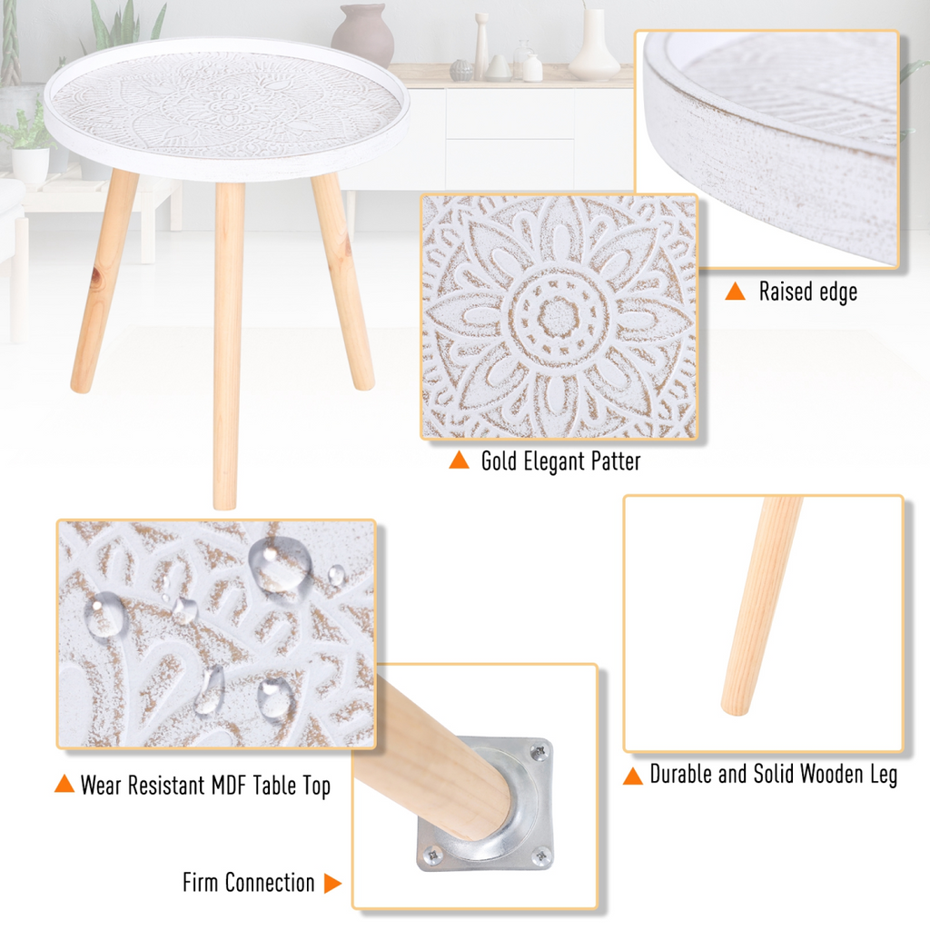 Pine Wood Floral Etched Saucer Side Table w/ Raised Edge, White & Natural