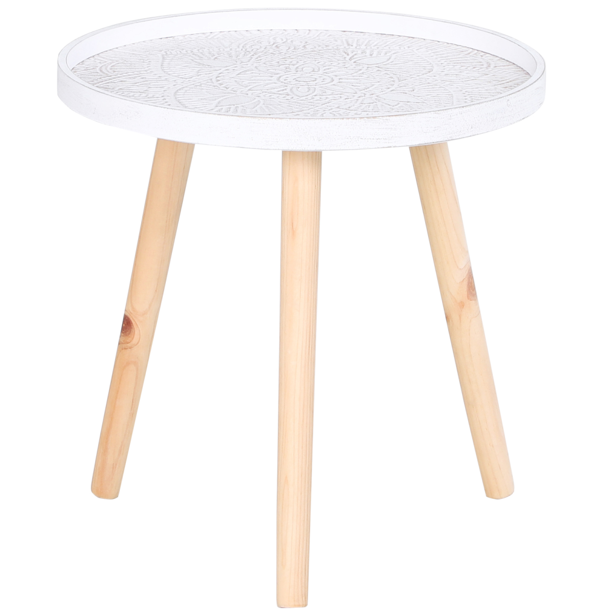 Pine Wood Floral Etched Saucer Side Table w/ Raised Edge, White & Natural