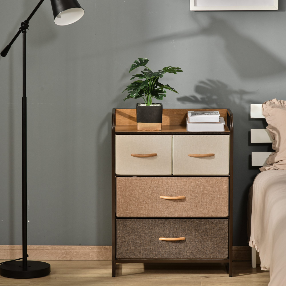 ```html
<h1>HOMCOM Fabric Drawer Dresser Tower with 4 Drawers & MDF Top Shelf</h1>
```