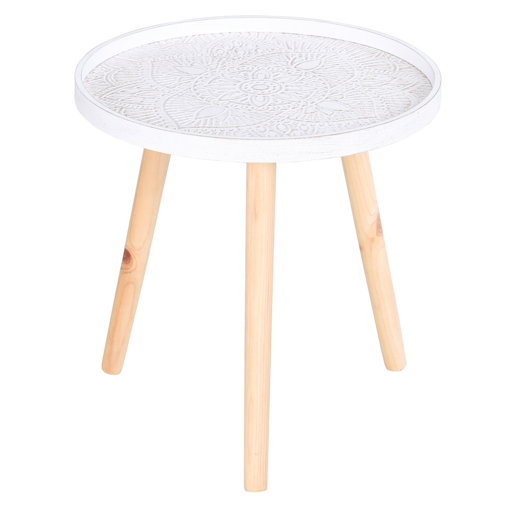 Pine Wood Floral Etched Saucer Side Table w/ Raised Edge, White & Natural