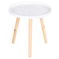 Pine Wood Floral Etched Saucer Side Table w/ Raised Edge, White & Natural