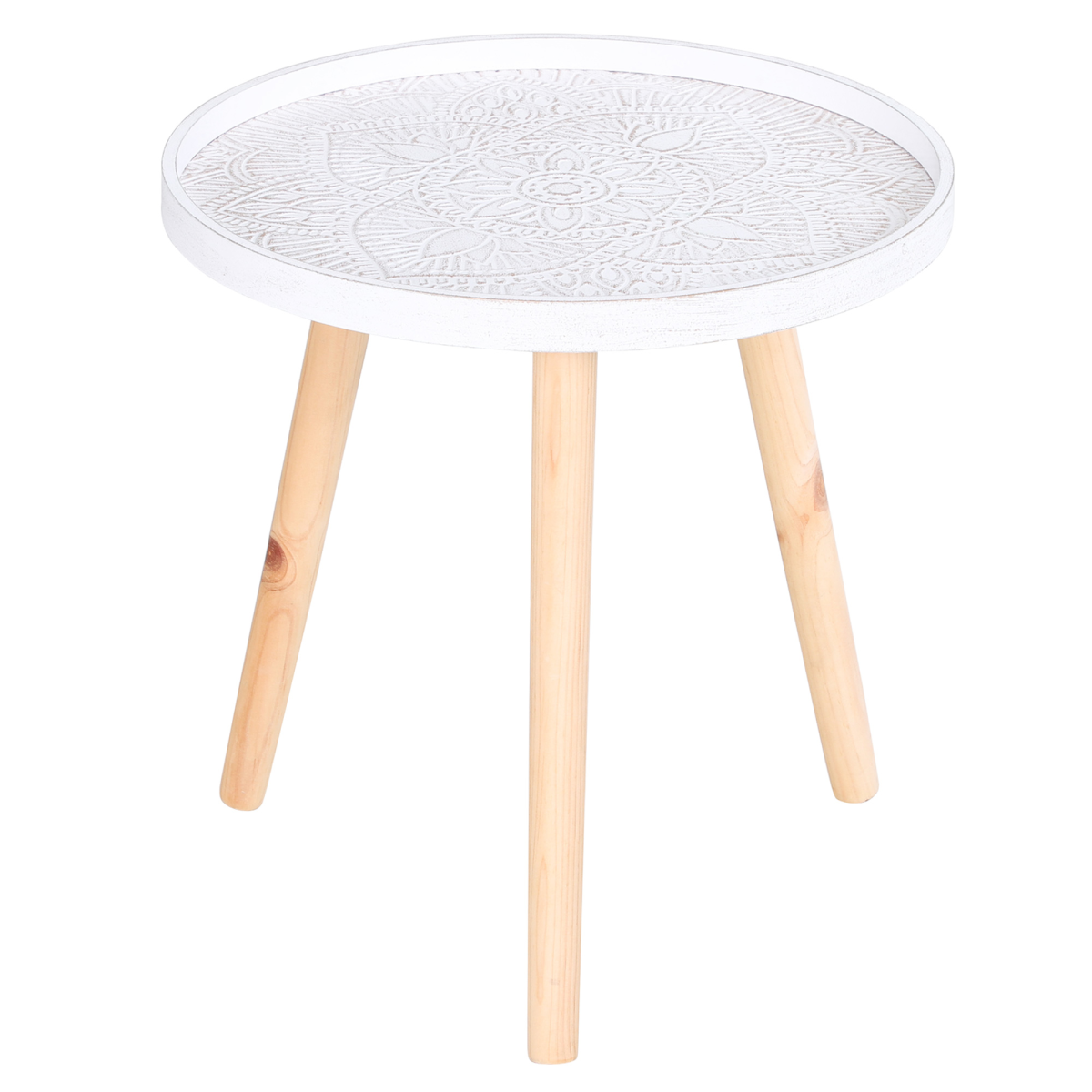 Pine Wood Floral Etched Saucer Side Table w/ Raised Edge, White & Natural